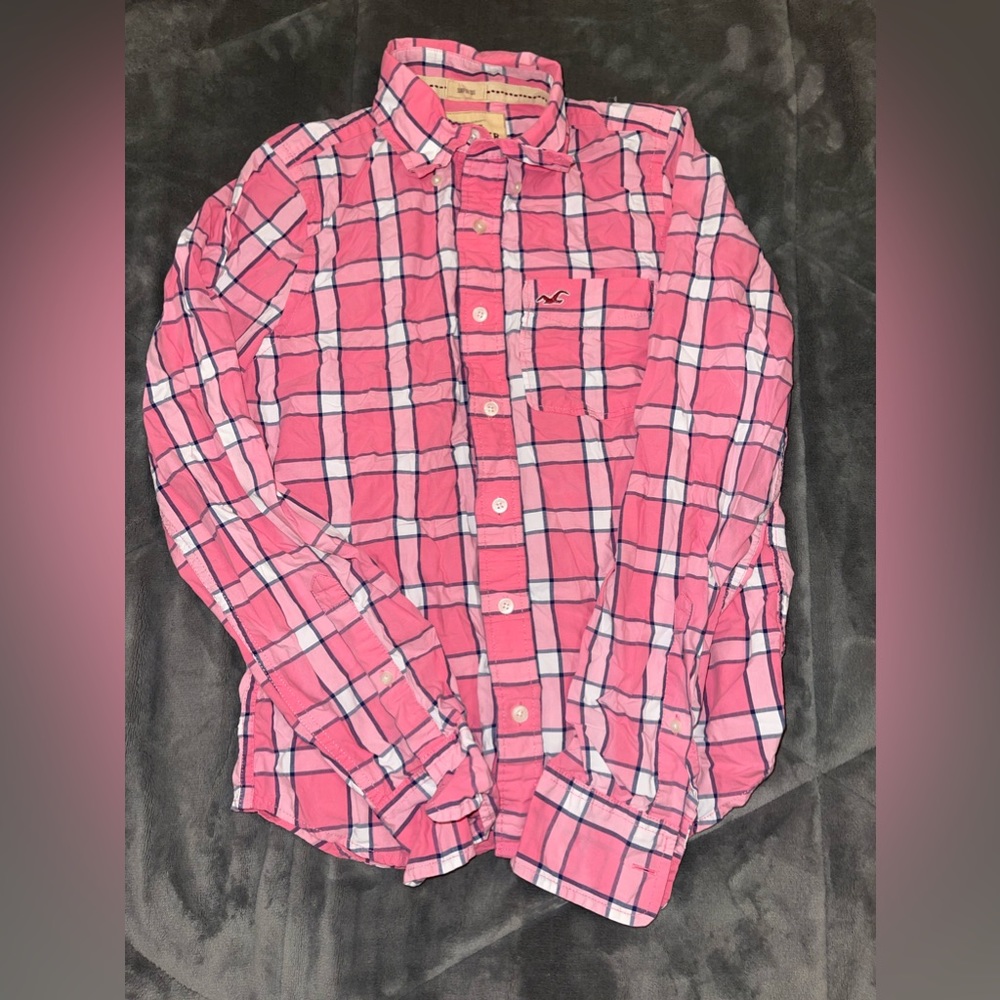 Pink Checkered Flannel Print Hollister Button Up